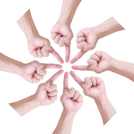 Man hand holds finger symbol on white background の写真素材