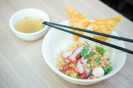 Egg noodle with bbq pork.の写真素材