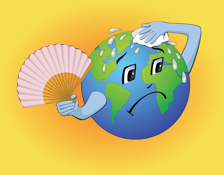 The cartoon earth wiping the sweat on it's forehead and trying to keep cool with the help of a handfanのイラスト素材