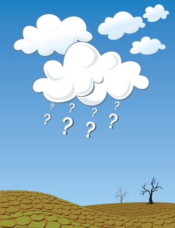The dry land is thirsty for water, instead of raindrops question marks are coming down from white cloudsのイラスト素材
