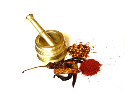 Chilies- Whole, Powder and Flakes with Mortar           の写真素材