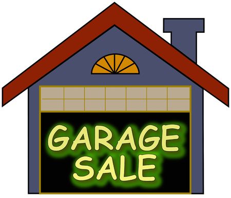 Big glowing garage sale sign inside the garageの写真素材