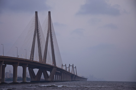 A Beautiful late Evening View of Bandra-Worli Sea Link from Bandra Fort.の写真素材
