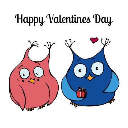 Couple of Cute Owls, Love Card Design. Vector Illustrationのイラスト素材
