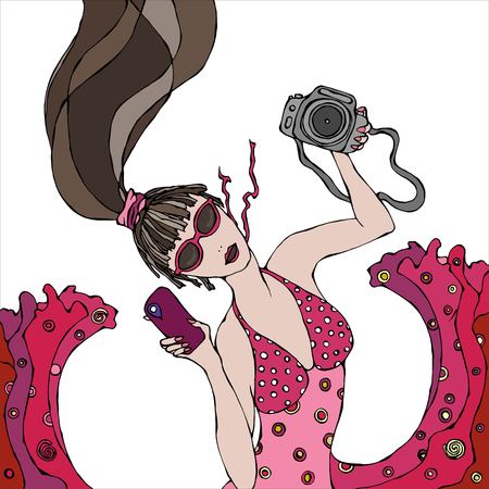 Cute beautiful fashionable brunette girl in red cloth makes selfie view aboveのイラスト素材