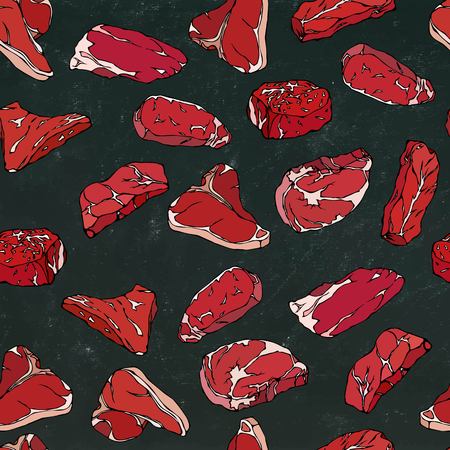 Beef steaks and meat cuts seamless on chalkboard backgroundのイラスト素材