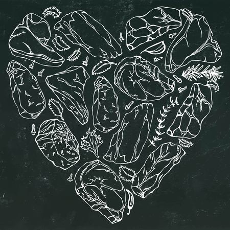 A Vector heart of meat steaks on chalkboard background white outlineのイラスト素材