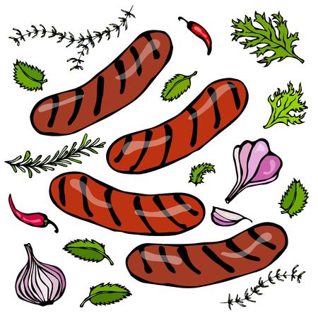 Grilled Bavarian or American Sausages with Chili Pepper, Onion, Garlic, Thyme, Rosemary. Vector Realistic Illustrationのイラスト素材