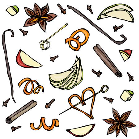 Collection of Spices and Fruit Slices. Anise, Cinnamon, Clove, Vanilla, Apple, Orange Peel. Hand Drawn Sketch Vector Illustration.のイラスト素材