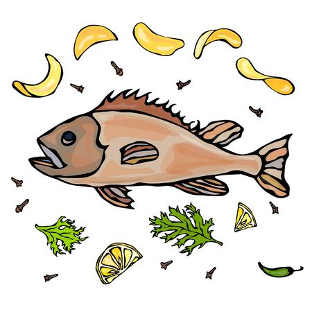 Cooked Fish With Potatoo Chips Herbs Spices Lemon. Vector Seafood Realistic Illustrationのイラスト素材