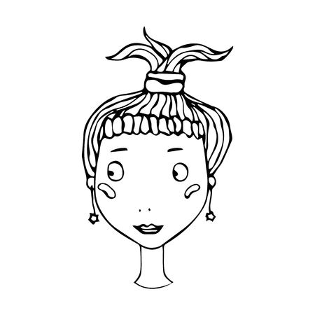Cute Blonde Girl Head with Ponytail. Young Female Smiling Blushing. Sketch Vector Illustrationのイラスト素材