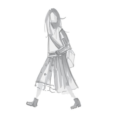 Fashion Vector Illustration. Sketch Silhouette of Hipster Girl with Long Hair in Midi Skirt with Postman Bag.のイラスト素材