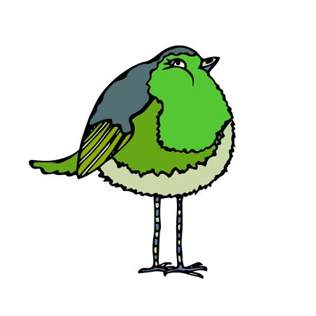 Isolated On a White Background Doodle Cartoon Hand Drawn Sketch Vector. Cute Adorable Green Bird.の写真素材