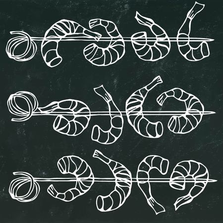 Isolated On a Chalkboard Background Doodle Cartoon Vintage Hand Drawn Sketch . Shrimp on Wood Stick, Prawn Kebab, Seafood BBQ, Canapesのイラスト素材