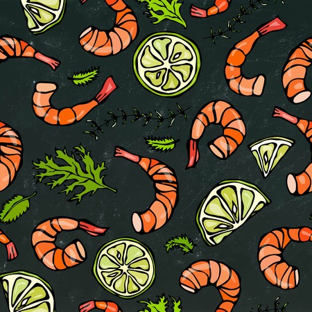 Shrimp or Prawn, Herbs and Lime on Chalkboard Background. Isolated Doodle Cartoon Vintage Hand Drawn Sketch Vector Illustration. Seafood Seamless Pattern.のイラスト素材