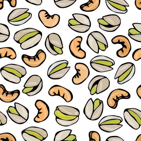 Hand drawn colored sketch design of pistachio nuts and cashew nuts in white background.のイラスト素材