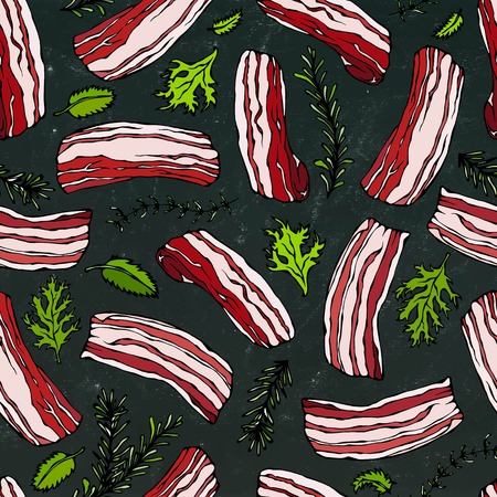 Pork Bacon and Herbs Seamless. IIsolated on a Black Chalkboard Background. Food Pattern. Realistic Doodle Cartoon Style Hand Drawn Sketch Vector Illustration.のイラスト素材