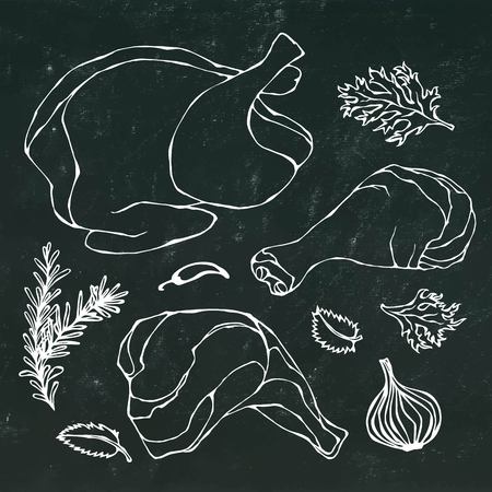 Chicken or Turkey Body Parts Set. Fowl Meat Fillets, Ham, Shank with Skin and Herbs. Realistic Doodle Cartoon Style Hand Drawn Sketch Vector Illustration. Isolated on a Black Chalkboard Background.のイラスト素材