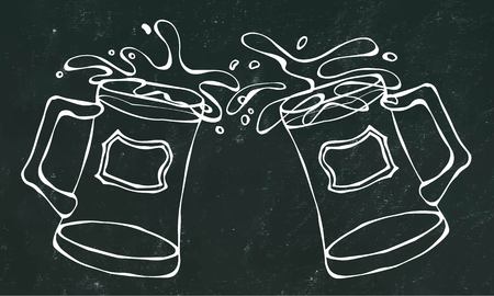 Two Beer Mugs With Light Ale or Lager. Clink with Splash. Isolated on a Black Chalkboard Background. Realistic Doodle Cartoon Style Hand Drawn Sketch Vector Illustration.のイラスト素材