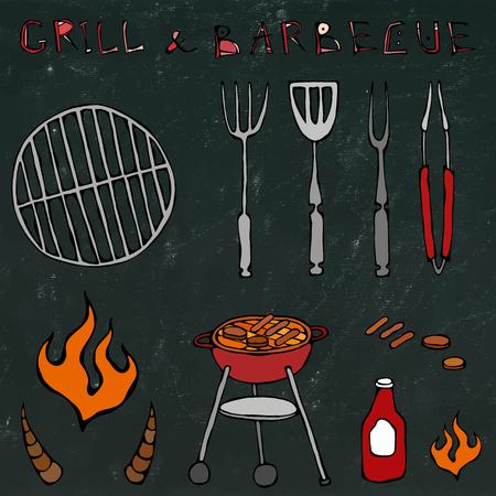 Set of Barbecue Tools: BBQ Fork, Tongs, Grill with Meat, Fire, Ketchup, Bull Horns. Isolated on a Black Chalkboard Background. Realistic Doodle Cartoon Style Hand Drawn Sketch Vector Illustration.のイラスト素材