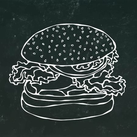 Big Burger , Hamburger or Cheeseburger.Isolated on a Black Chalkboard Background. Realistic Doodle Cartoon Style Hand Drawn Sketch Vector Illustration.のイラスト素材