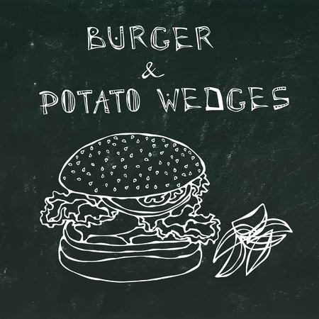 Big Hamburger or Cheeseburger with Potato Wedges. Burger Lettering. Isolated on a Black Chalkboard Background. Realistic Doodle Cartoon Style Hand Drawn Sketch Vector Illustration.のイラスト素材