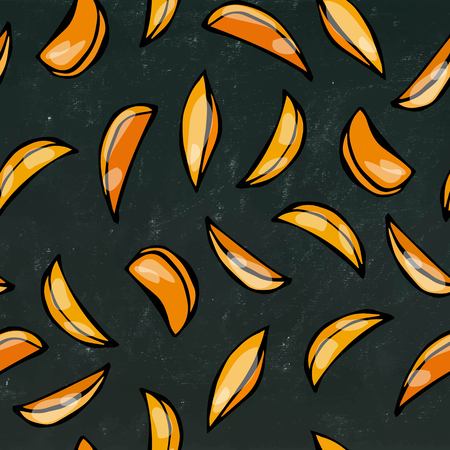 Potato Wedges Seamless. Fast Food.Isolated on a Black Chalkboard Background.Realistic Doodle Cartoon Style Hand Drawn Sketch Vector Illustration.のイラスト素材