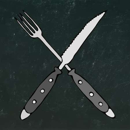 Crossed Fork over Steak Knife. Food Icon. Realistic Doodle Cartoon Style Hand Drawn Sketch Vector Illustration. Isolated on a Black Chalkboard Background.の写真素材