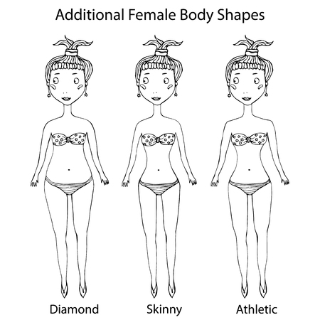Female Body Shape Types. Diamond, Skinny, Athletic Girl. Realistic Hand Drawn Doodle Style Sketch.のイラスト素材