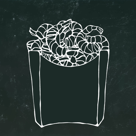 Cooked Shrimps in Paper Box. Sea Fast Food in Package. Realistic Hand Drawn Doodle Style Sketch.Vector Illustration Isolated on a Black Chalkboard Background.のイラスト素材
