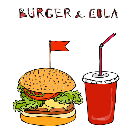 Big Burger, Hamburger or Chisburger and Soft Drink Soda or Cola. Fast food takeout icon. Takeaway food sign. Vector Illustration Isolated On a White Background. Realistic Hand Drawn Doodle Sketch.のイラスト素材
