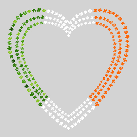 Heart Shaped Clover Leaves Frame Colored in Ireland National Flag Colours Green, White, Orange. On a Grey Background. St Patricks Day Vector Illustration Hand Drawn. Savoyar Doodle Styleのイラスト素材