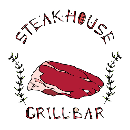 Steak House or Grill Bar Logo. Flank Steak Beef Cut with Lettering in   Thyme Herb Frame.のイラスト素材