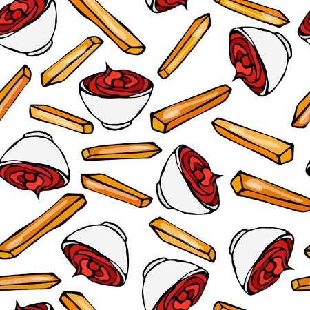 Seamless Endless Background Bowl of Ketchup Sauce and French Fries.のイラスト素材