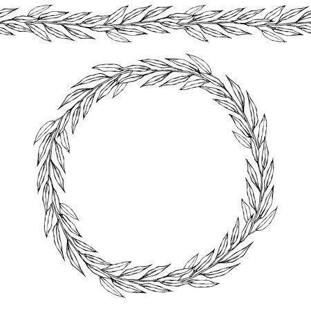 Green Bay Leaf Endless Ribbon Brush. Laurel Round Wreath Frame with a Space for Text. Farm Harvest Template. Realistic Hand Drawn Illustration. Savoyar Doodle Styleのイラスト素材