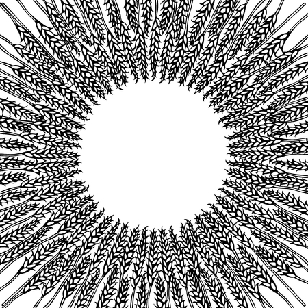 Ripe Wheat Spikelets Circle Card. Round Sun Shape Wreath of Malt with Space for Text. Farm Harvest Template. Realistic Hand Drawn Illustration. Savoyar Doodle Styleのイラスト素材