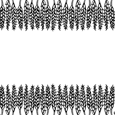 Ripe Wheat Spikelets Endless Brush. Border Ribbon of Malt with Space for Text. Farm Harvest Template. Realistic Hand Drawn Illustration. Savoyar Doodle Styleのイラスト素材