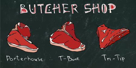 Black Chalk Board Background. Most Popular Steak Types Set. Beef Cuts. Steak House Restaurant Menu. Hand Drawn Illustration. Savoyar Doodle Style. Porterhouse, T-bone, New York Strip, Rib Eyeのイラスト素材