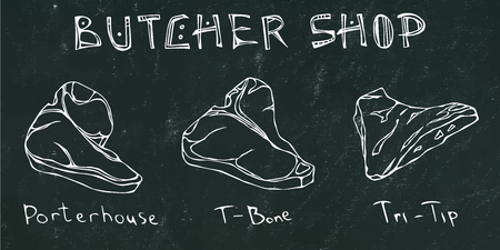 Black Chalk Board Background. Most Popular Steak Types Set. Beef Cuts. Steak House Restaurant Menu. Hand Drawn Illustration. Savoyar Doodle Style. Porterhouse, T-bone, New York Strip, Rib Eyeのイラスト素材