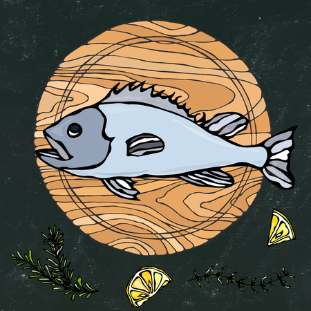 Black Chalk Board Background. Whole Raw Fish on Round Cutting Board. For Cooking, Holiday Meals, Recipes, Seafood Guide, Menu. Hand Drawn Illustration.のイラスト素材