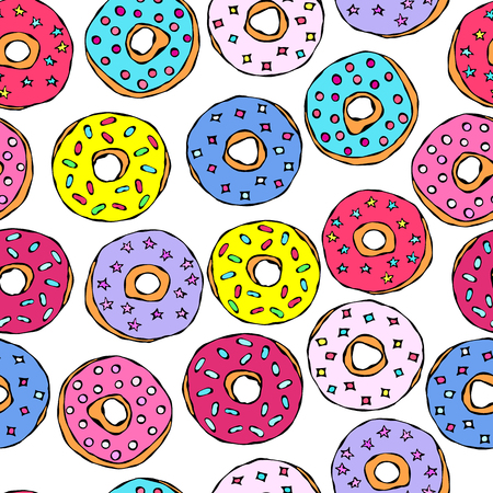 Glazed Donuts Seamless Background. Fast Street Food. Realistic Hand Drawn Illustration. Savoyar Doodle Styleのイラスト素材