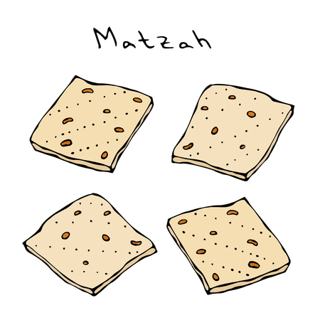 Matzah or Matzo, Unleavened Bread for Pesach, Jewish Holiday of Passover, Isolated on white Background, Design Element. Realistic Hand Drawn Illustration. Savoyar Doodle Styleのイラスト素材