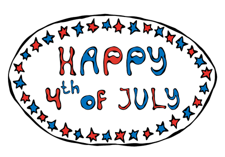 Happy USA Independence Day 4 th July Lettering in a Frame. Greeting card and poster Design. Realistic Hand Drawn Illustration. Savoyar Doodle Style.のイラスト素材