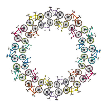 Endless Pattern Brush or Ribbon of Bicycles. Circle Frame Bike Background. Realistic Hand Drawn Illustration. Savoyar Doodle Style.のイラスト素材