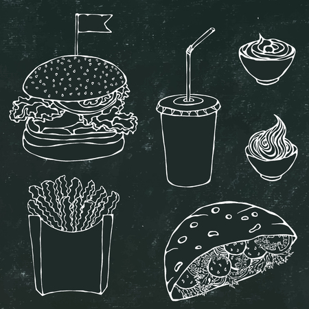 Black Board Background. Burger, French Fries, Ketchup, Falafel Pita or Meatball Salad in Pocket Bread and Mayonnaise Sauce. Fast Street Food. Realistic Hand Drawn Illustration. Savoyar Doodle Style.のイラスト素材