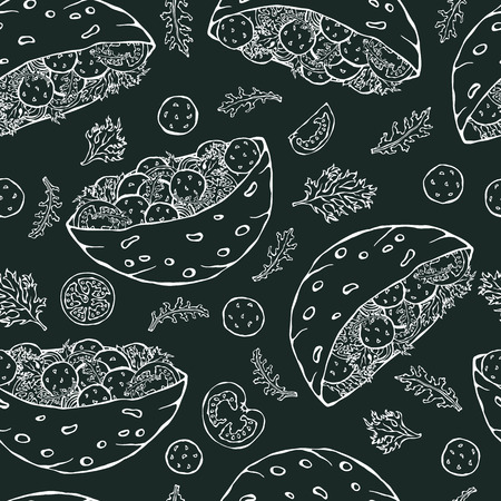 Black Board Background. Seamless Endless Pattern with Falafel Pita or Meatball Salad in Pocket Bread. Arabic Israel Healthy Fast Street Food. Realistic Hand Drawn Illustration. Savoyar Doodle Style.のイラスト素材