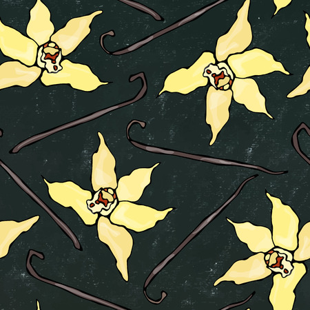 Black Board Background. Vanilla Stick and Flower Seamless Endless Pattern. Vanilla Pod and Blossom Seasonal Background. Spice and Flavor. Hand Drawn Illustration. Savoyar Doodle Styleの写真素材