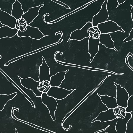 Black Board Background. Vanilla Stick and Flower Seamless Endless Pattern. Vanilla Pod and Blossom Seasonal Background. Spice and Flavor. Hand Drawn Illustration. Savoyar Doodle Styleの写真素材
