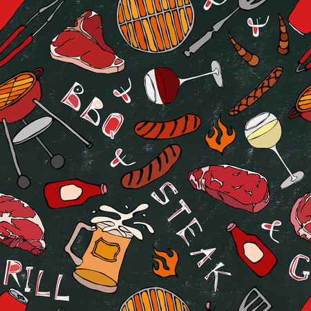 Seamless Pattern of Summer BBQ Grill Party. Glass of Red, White VineSteak, Sausage, Barbeque Grid, Tongs, Fork. Black Board Background and Chalk. Hand Drawn Vector Illustration. Savoyar Doodle Styleのイラスト素材