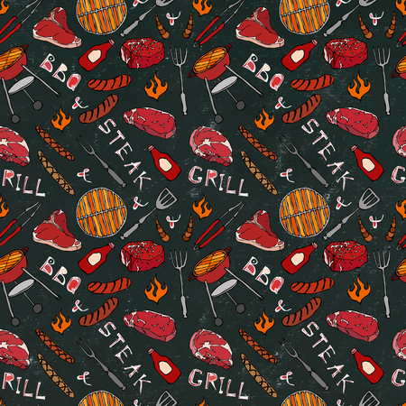 Seamless Pattern of Summer BBQ Grill Party. Steak, Sausage, Barbeque Grid, Tongs, Fork, Fire, Ketchup. Black Board Background and Chalk. Hand Drawn Vector Illustration. Savoyar Doodle Styleのイラスト素材